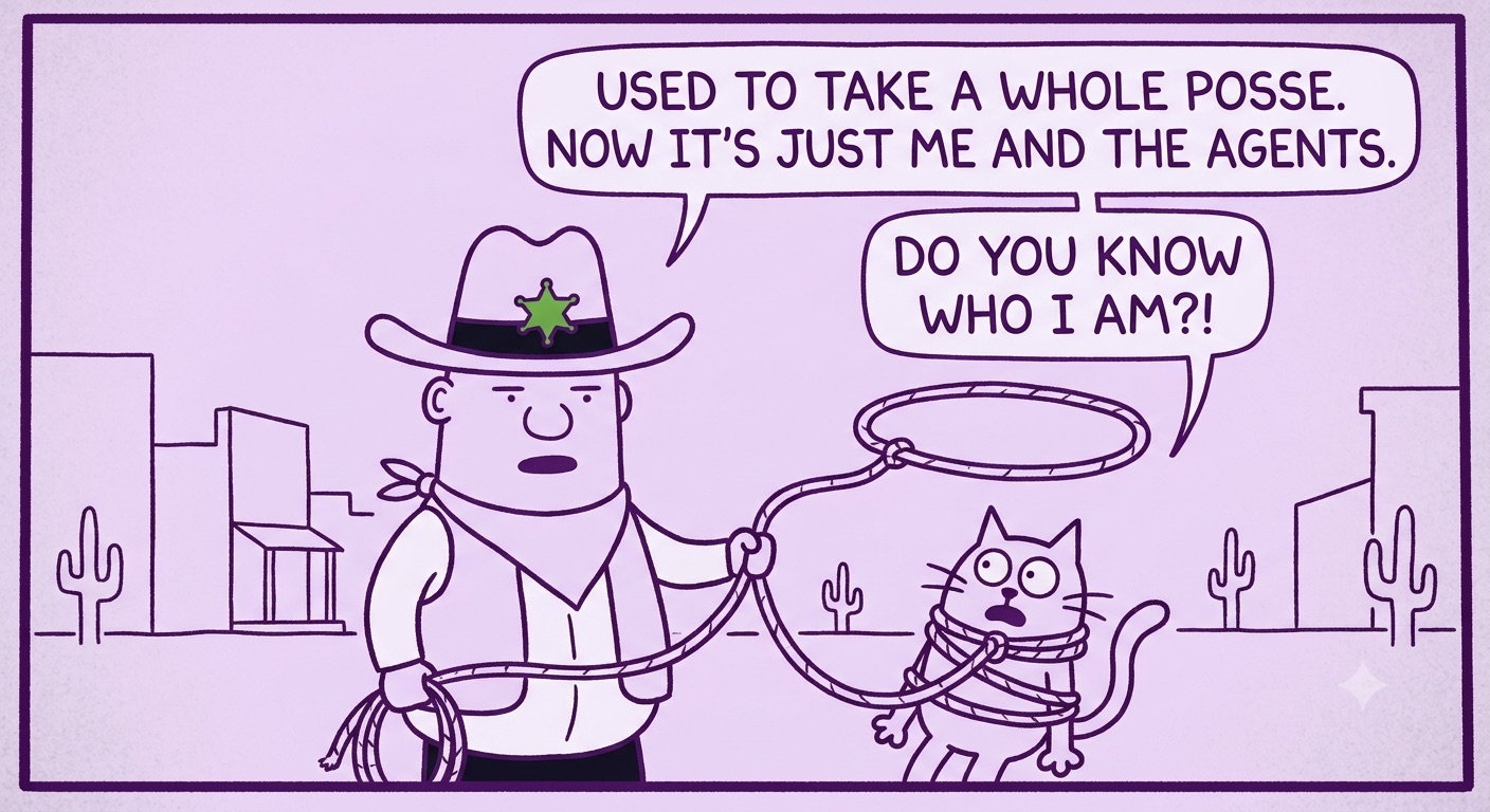 Cartoon sheriff lassoing a cat: 'Used to take a whole posse. Now it's just me and the agents.'